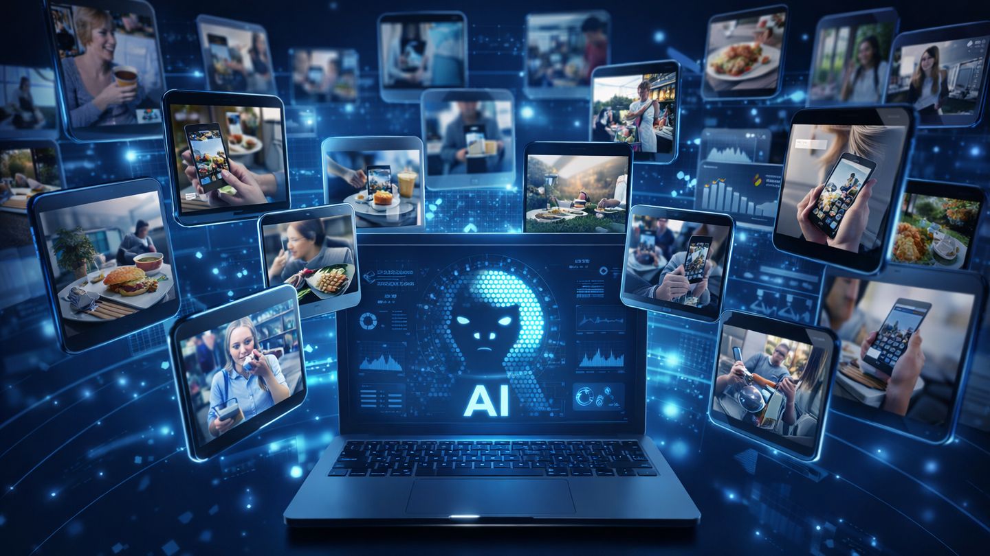 A laptop surrounded by floating screens of photos, with the letters AI on the display